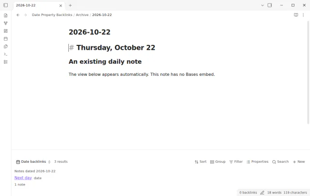 An existing daily note shows matching notes without an inserted embed.