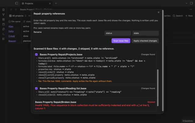 The preview of Projects.base: seven changes in filters, formulas, properties, order, sort and groupBy.