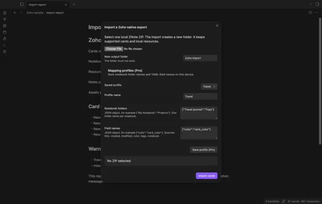 A saved profile maps a notebook folder and YAML field names.
