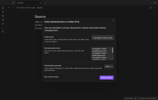 The folder dialog lists two declared source and target note pairs.
