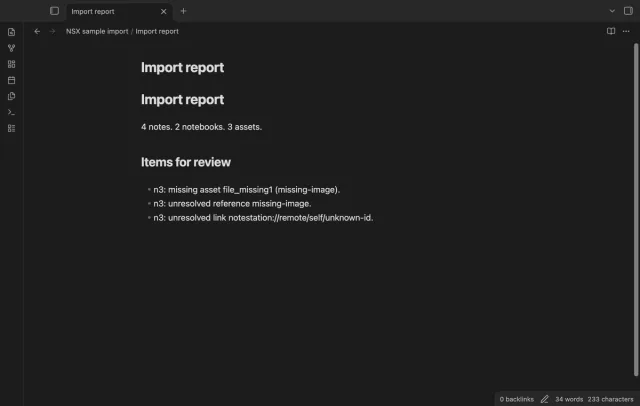 The import report lists missing assets and unresolved source links.