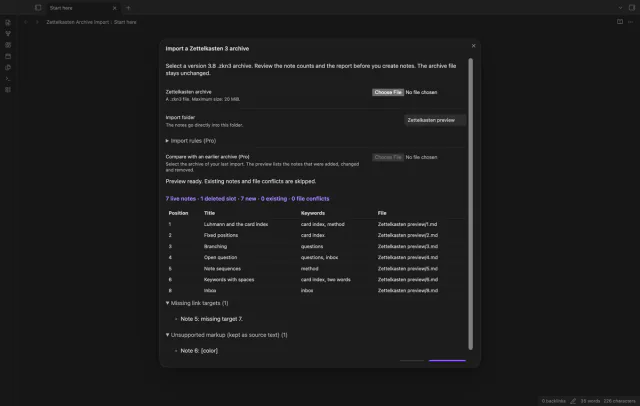 The archive preview lists live notes, a deleted slot, output paths, missing link targets and unsupported markup.