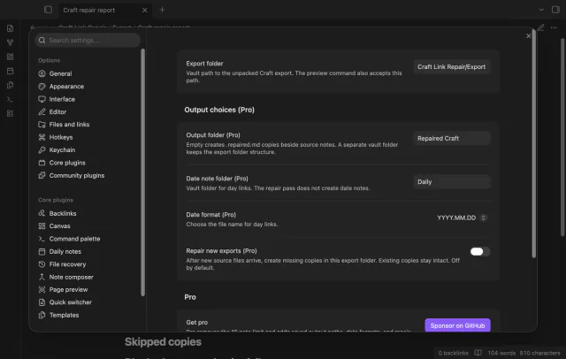 Saved output folder and date format controls enabled with a local sponsor fixture.