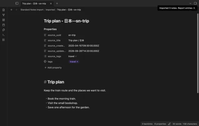 An imported trip note shows its source UUID, original title, tags and date properties.