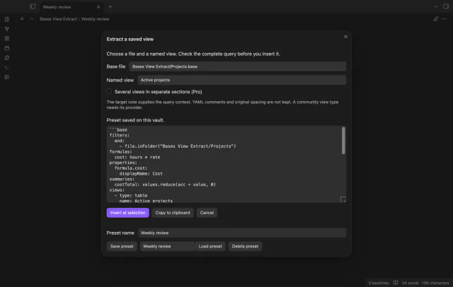 A Weekly review preset appears in the local saved snapshot list.