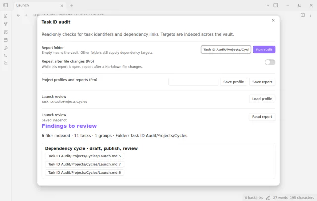Named project profile and saved audit report controls