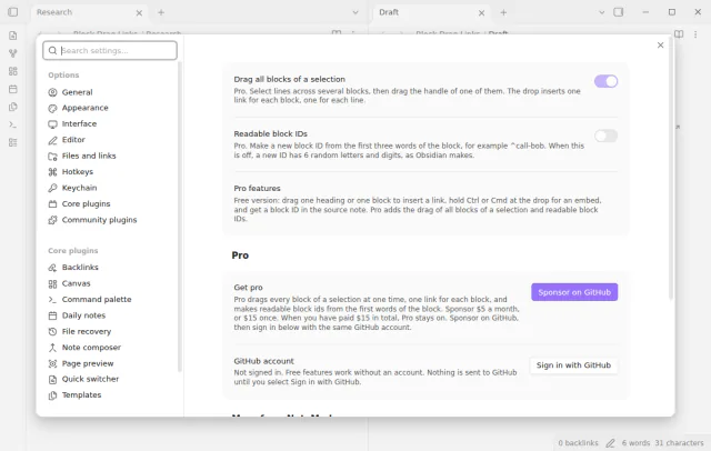 The settings tab with the two Pro settings first and the Pro section below them.