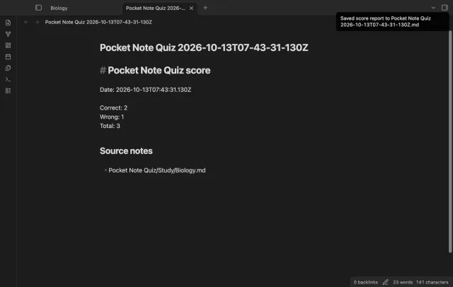 A dated Markdown report shows the quiz counts and the biology note path.