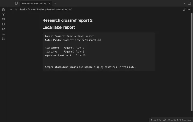 A saved Markdown report lists figure and equation labels with source lines.