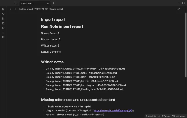 An import report with missing references and unsupported media.