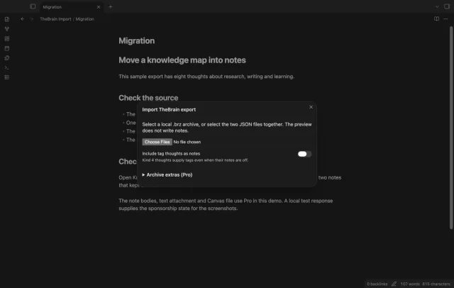 The import dialog above a sample migration note.