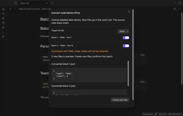 Two selected code blocks have separate JSON output previews.