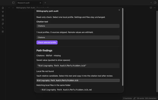 The audit shows a missing path and a matching Markdown file.
