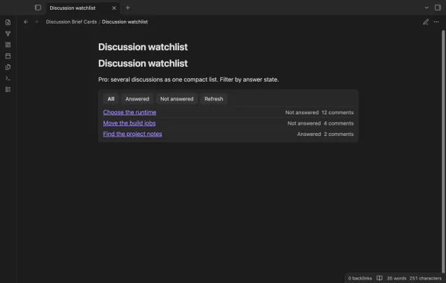 The sample list shows discussion links with answer states and comment counts.