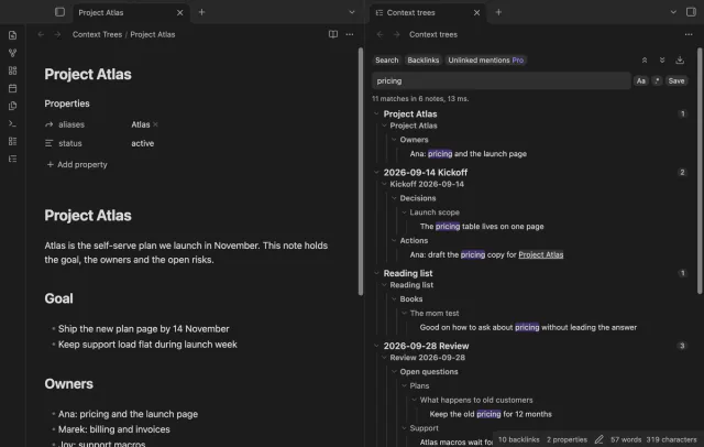 Search results shown as trees of headings and list items.