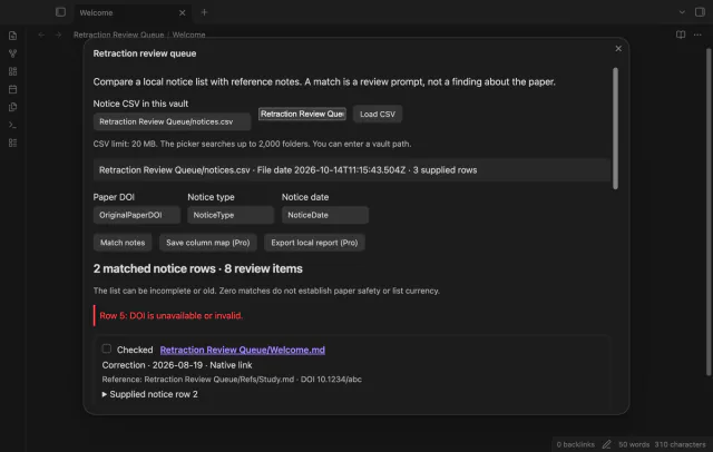 The queue shows matched notice rows and review items beneath the selected CSV column map.