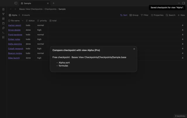 The comparison lists the Alpha sort and formulas as changed keys.