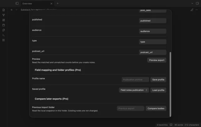 A publication profile keeps custom field names and a folder.