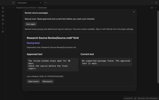 A missing block result retains the previously approved source passage.