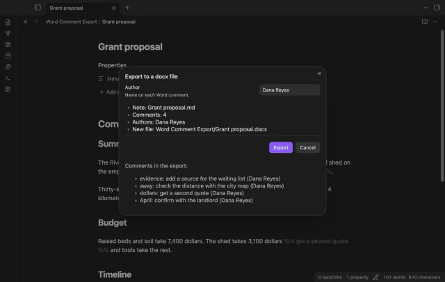 A grant proposal export preview with four comments and an author name.