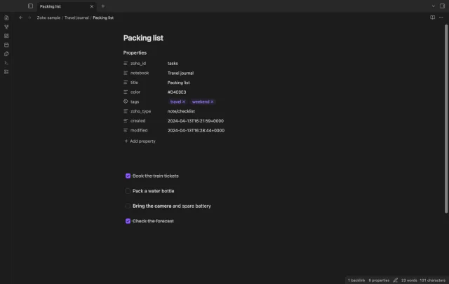 An imported packing list shows checked and unchecked Markdown tasks.