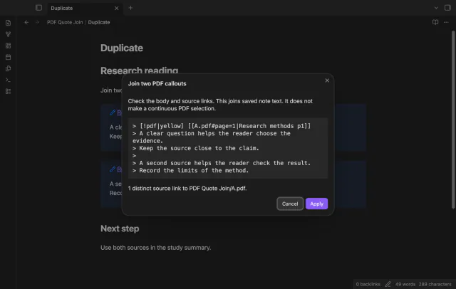 A preview keeps one exact source link and both selected quote bodies.