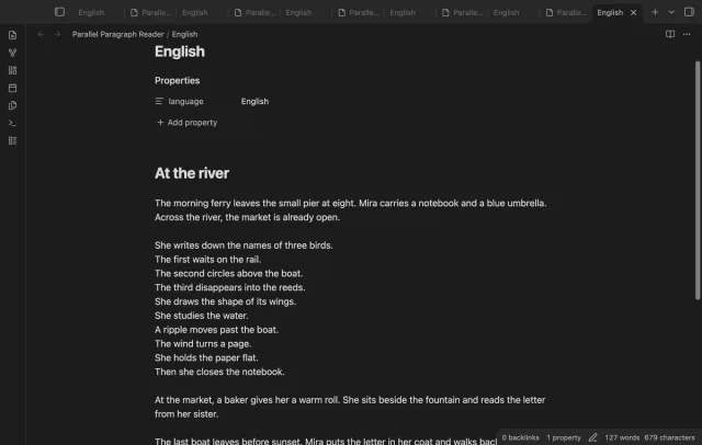 The English source note is open at a paragraph selected from the reader.