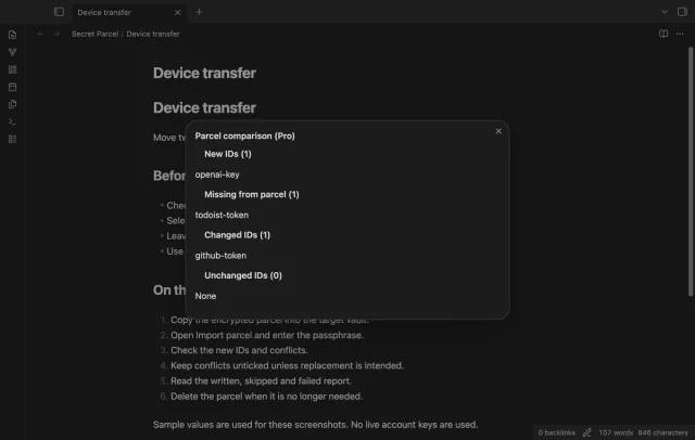 A sample comparison lists new, missing and changed secret IDs.