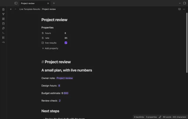 A project total reflects a changed hours property.