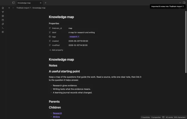 A source Markdown body under the Notes heading of an imported thought.
