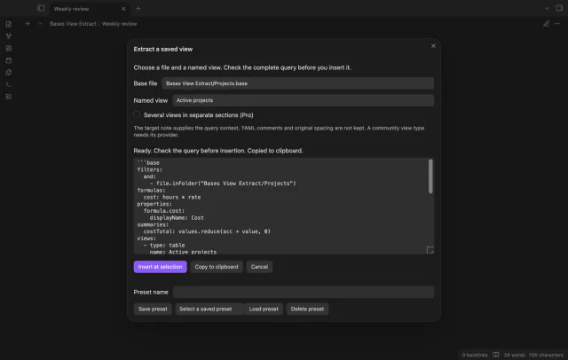 The extraction preview stays open after copying a saved view query.