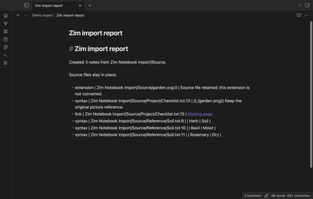 The report lists source locations for unsupported content and an unresolved page link.