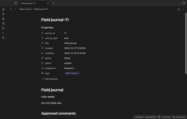 A note shows its imported WordPress source properties.