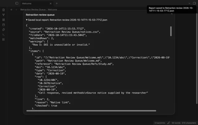 The review window displays a saved JSON report with supplied notice fields.
