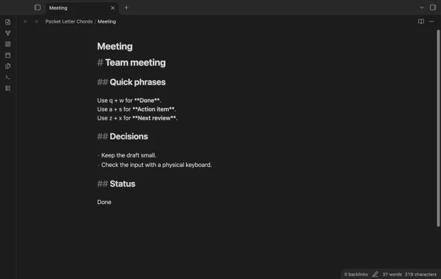 The meeting note contains Done beneath its status heading after chord insertion.