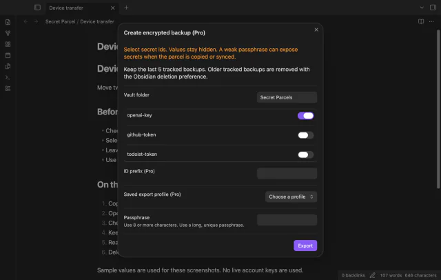 The backup checklist shows selected sample IDs and the retention limit.