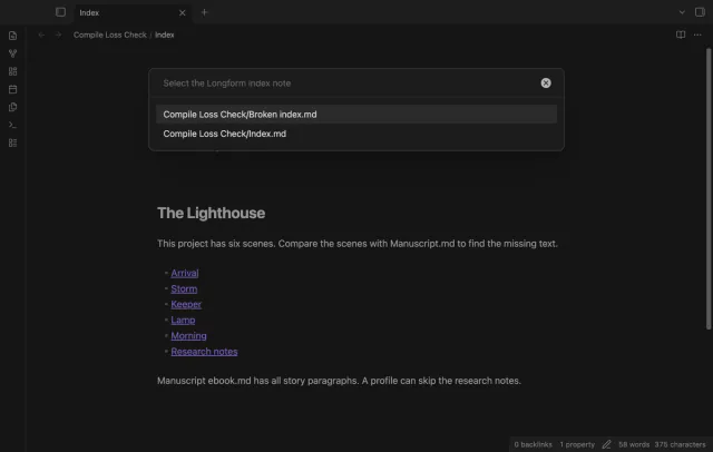 The index picker lists two notes with a longform property.