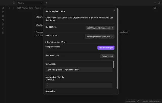 A saved profile ignores a timestamp and shows the remaining changes.
