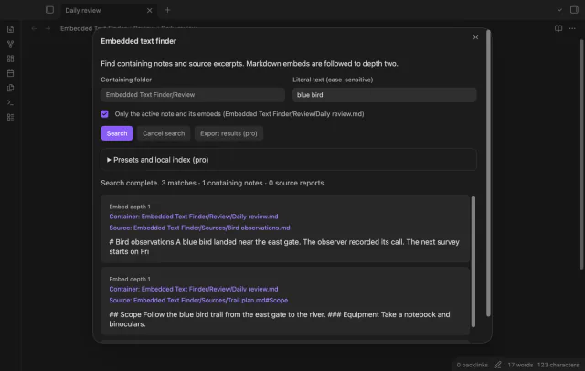 Search results show matching text in one active note and its embeds.