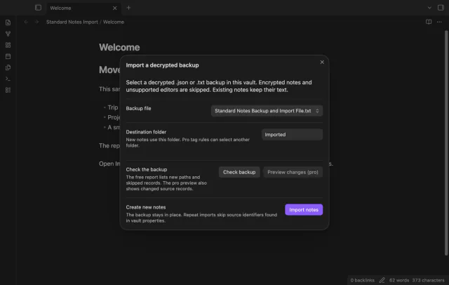 The import dialog selects the original Standard Notes text backup.