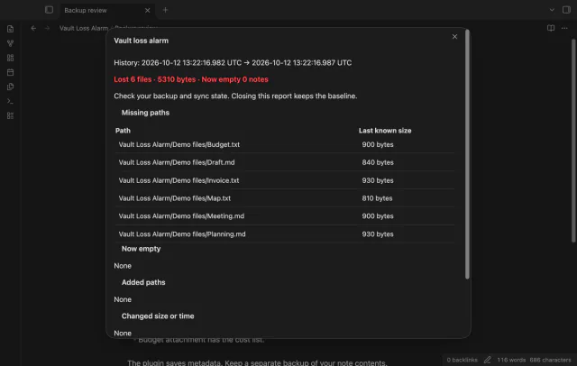 Two saved manifest times produce a report of missing paths.