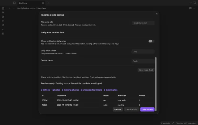 The Daylio preview shows entry counts and media reports.