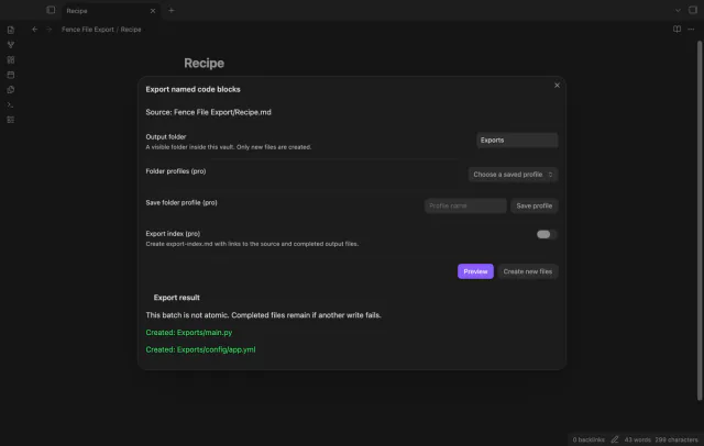 The export result lists two newly created files in the vault.