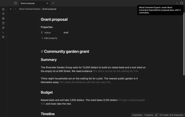 After export, a notice gives the new file Grant proposal.docx with 4 comments. The note is unchanged.