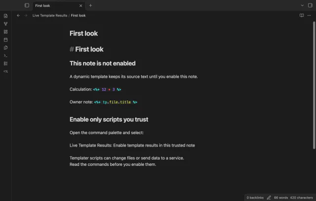 An unenabled note shows its original dynamic commands.
