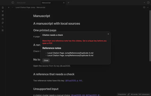 An error lists two reference notes with the same citekey.
