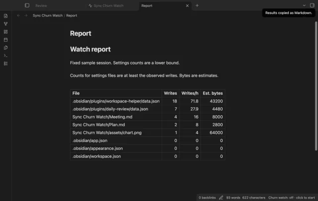 A note contains a copied Markdown report from a sample session.