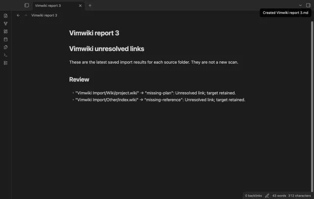A combined report lists unresolved targets from the Wiki and Other source folders.