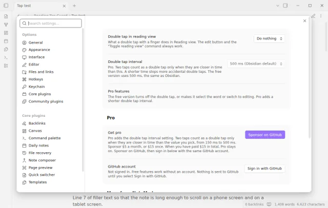 The settings tab shows the double tap setting, the Pro interval setting and the Pro section.