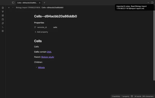 An imported Cells note with parent and reference links.
